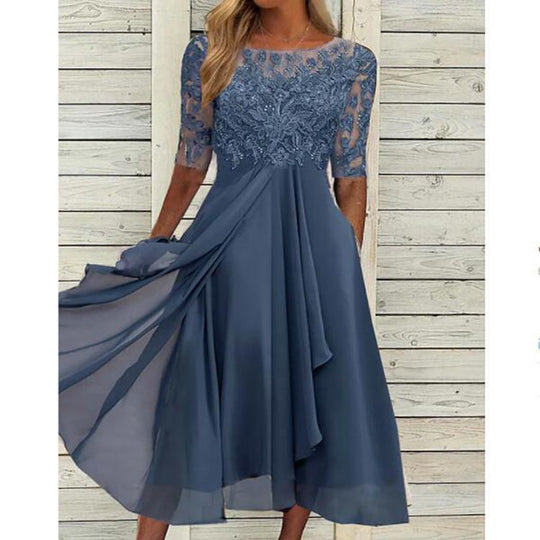 Damen nan V-Ausschnitt Chiffon-Midikleid mit besticktem Bustier, transparenten dreiviertel-Ärmeln und asymmetrischem Lagenrock