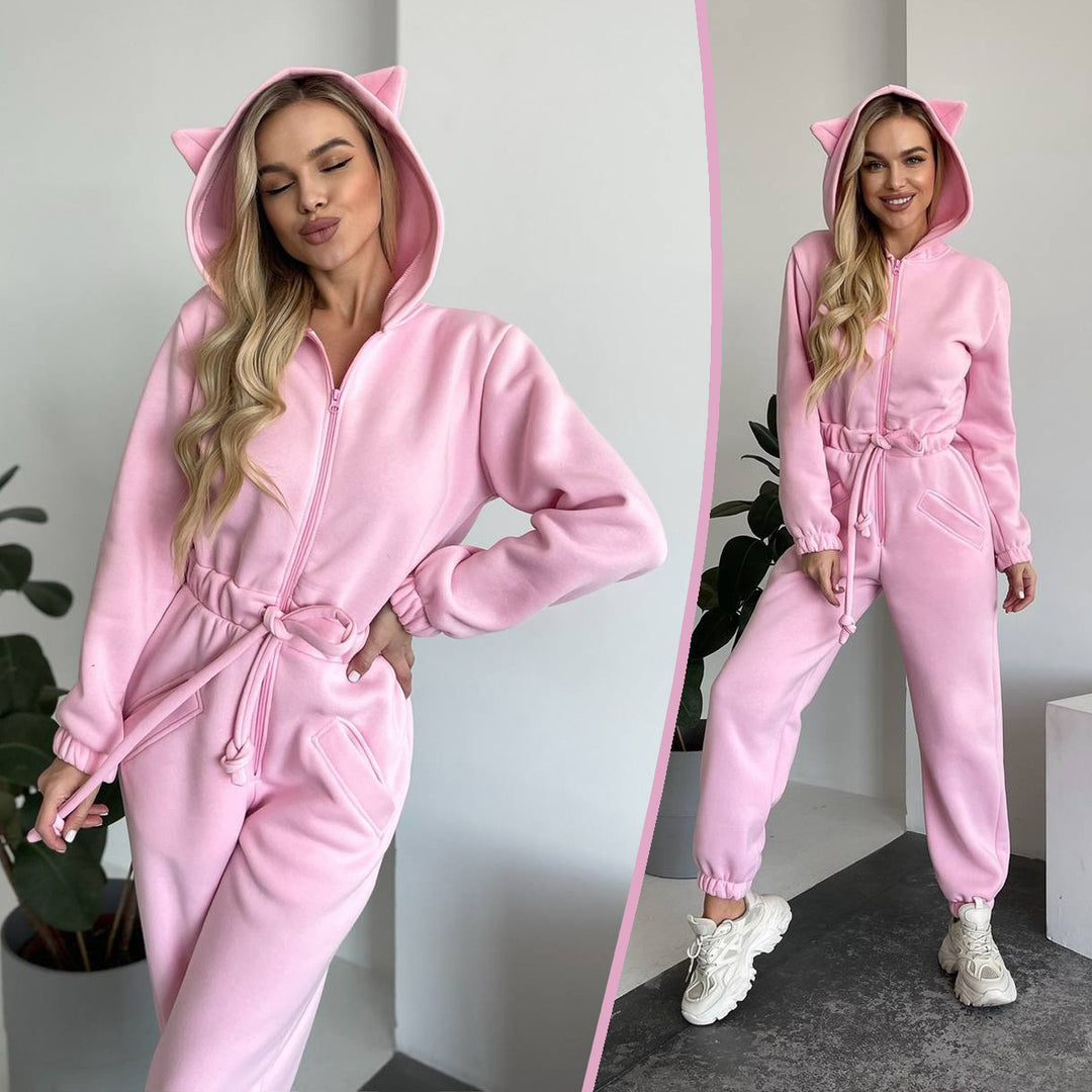 Damen Kuscheliger Kapuzen-Overall mit Katzenohren und Taillenzug Shop Nory