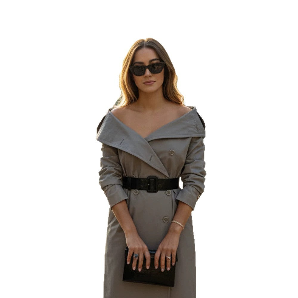 Damen Off-Shoulder Trenchkleid mit doppelreihiger Knopfleiste und tailliertem Lackgürtel Shop Nory