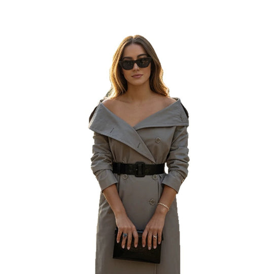 Damen Off-Shoulder Trenchkleid mit doppelreihiger Knopfleiste und tailliertem Lackgürtel Shop Nory