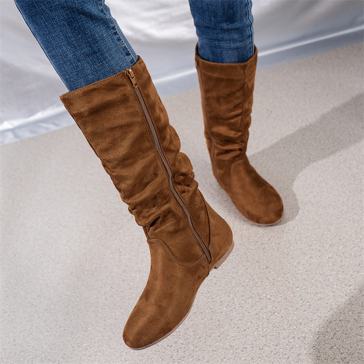 Damen Slouch-Stiefel mit flachem Absatz, seitlichem Reißverschluss und weichem Velours Shop Nory