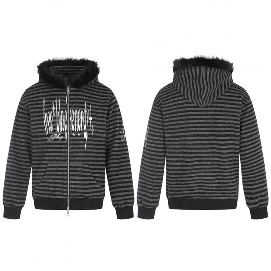 Unisex Gestreifte Kapuzen-Zipjacke mit Kunstfellkapuze und Statement-Frontprint Shop Nory