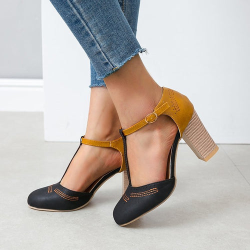 Damen T‑Strap Pumps mit mittelhohem Blockabsatz und dekorativer Ziernaht Shop Nory