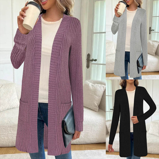 Damen Longline Rippstrick Cardigan mit Taschen Shop Nory