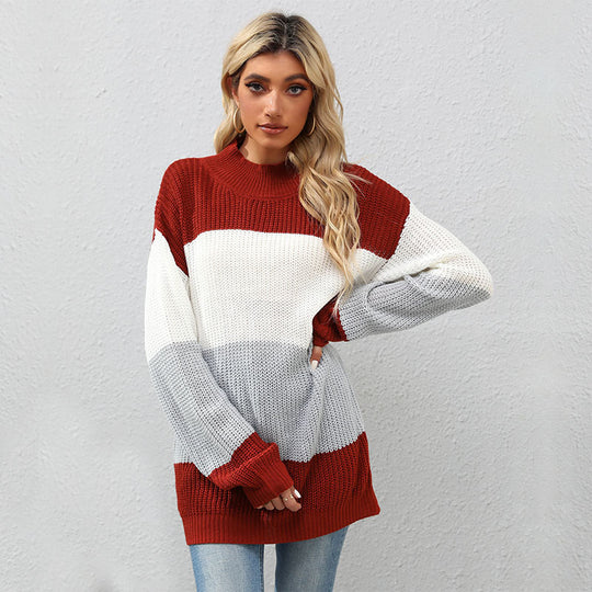 Damen Strickpullover mit Blockstreifen und Stehkragen Shop Nory