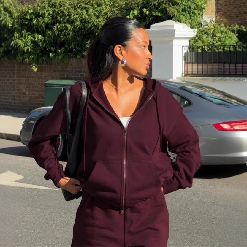 Damen gekürztes Kapuzen-Sweatshirt mit Oversize-Ärmeln und high-waist Wide-Leg Freizeithose Shop Nory