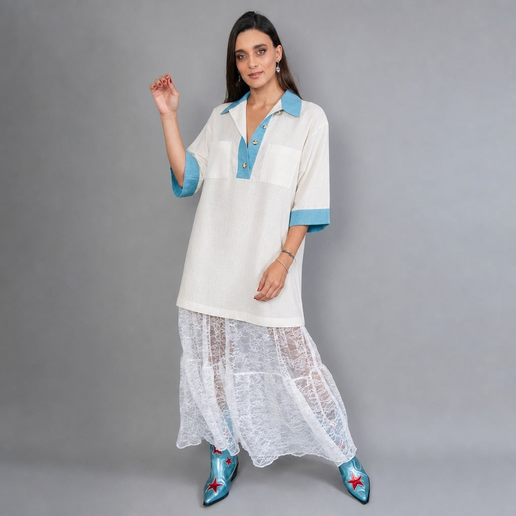 Damen oversized Polo-Tunika mit Kontrastkragen und aufgesetzten Brusttaschen Shop Nory