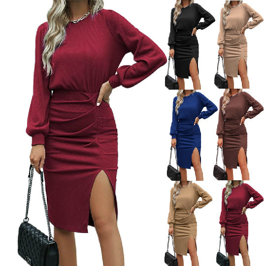 Damen Midikleid mit tailliertem Wickeleffekt, Langarm und hohem Beinschlitz Shop Nory