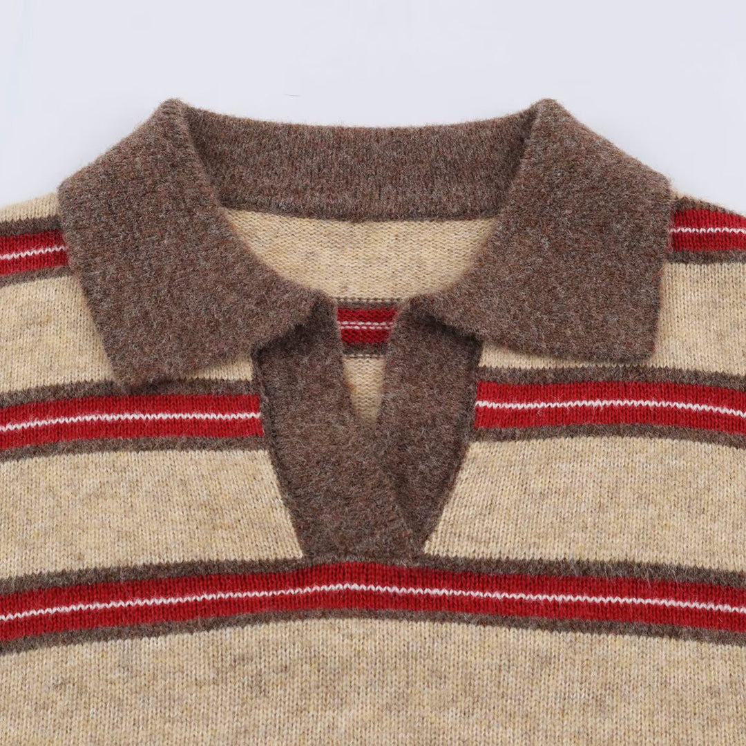Damen Gestreifter Oversize-Pullover mit Polokragen und V-Ausschnitt Shop Nory