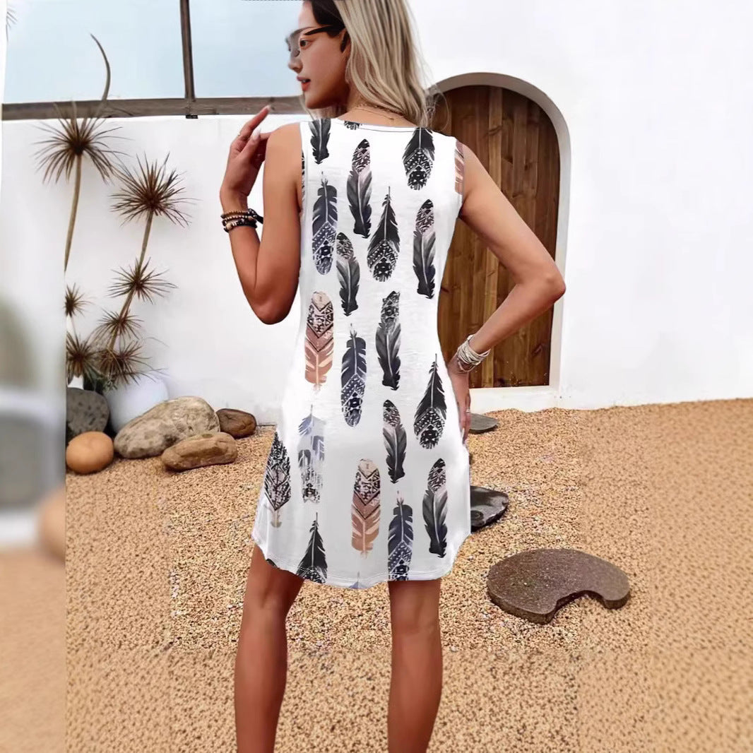 Damen lässiges Sommerkleid mit Federmuster und praktischen Seitentaschen
