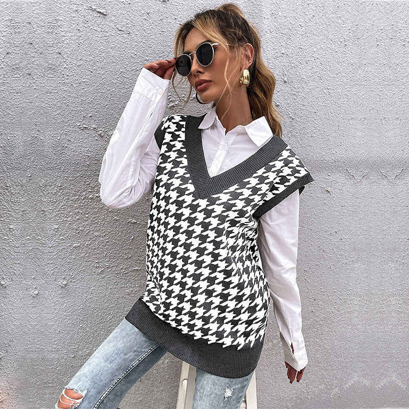 Damen Oversize Strickweste mit Hahnentritt‑Muster und tiefem V‑Ausschnitt Shop Nory