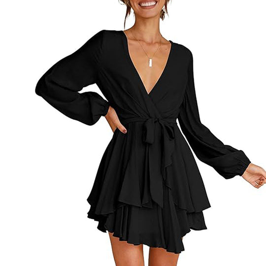 Damen gerafftes Wickelkleid mit tiefem V-Ausschnitt stufigem Volantrock und Bindegürtel Shop Nory