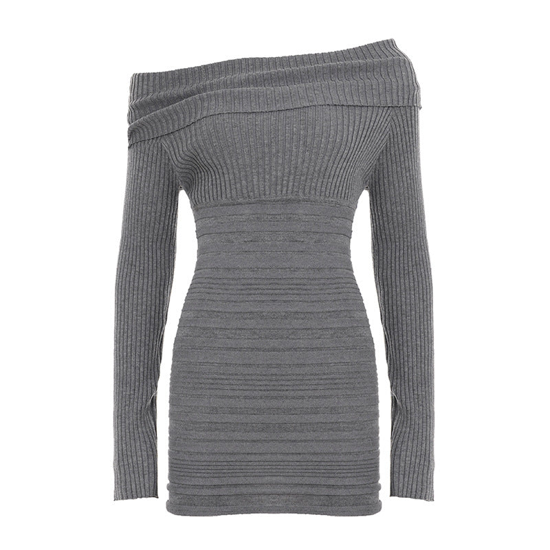 Damen nan schulterfreies figurbetontes Rippenstrick-Kleid mit Umschlagkragen, Längsraffung und Langarm Shop Nory