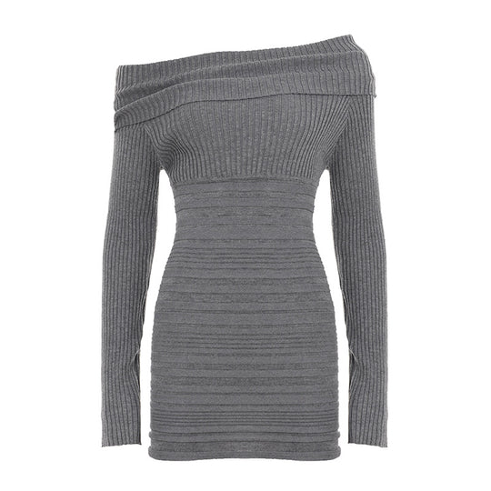 Damen nan schulterfreies figurbetontes Rippenstrick-Kleid mit Umschlagkragen, Längsraffung und Langarm Shop Nory