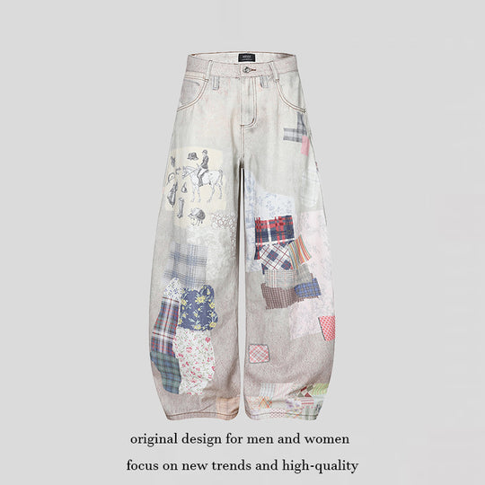 Damen Weite High‑Waist Culotte-Jeans mit Patchwork-Print und Balloon-Silhouette Shop Nory