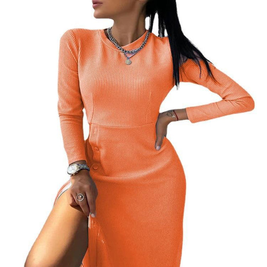 Damen Geripptes A‑Linien Kleid mit Rundhalsausschnitt, langen Ärmeln und seitlicher Knopfleiste Shop Nory