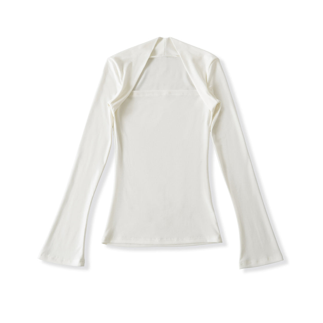 Damen Figurbetontes Langarm-Top mit weitem Schalkragen und Trompetenärmeln Shop Nory