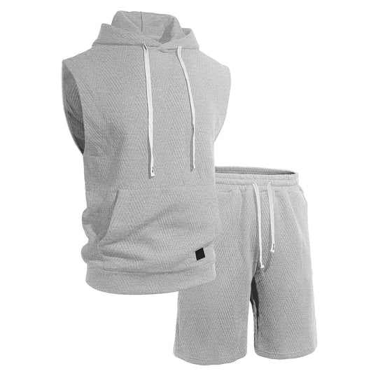 Herren nan ärmelloses Kapuzen-Lounge-Set aus strukturierter Baumwollmischung mit Kängurutasche und elastischer Freizeithose