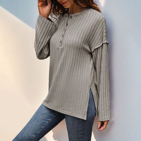 Damen Gerippter Henley-Pullover mit Knopfleiste und überschnittener Schulter Shop Nory