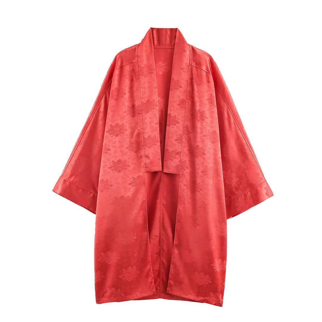 Damen hochtaillierte Satinhose mit Jacquard‑Blütenmuster und Federfransen Shop Nory