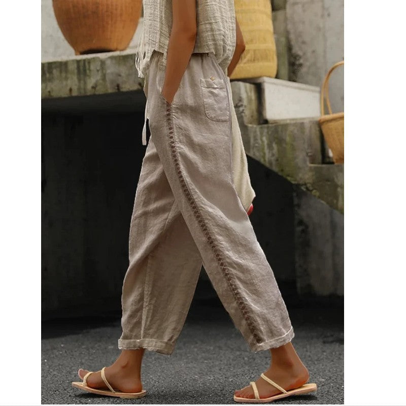 Damen Leichte Leinenhose mit seitlicher Knopfdetail