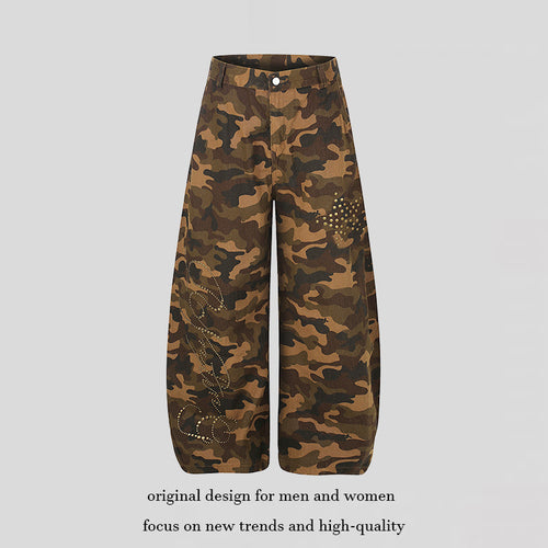 Damen Weite Camouflage-Palazzo-Hose mit Balloon-Saum und Nietenbesatz Shop Nory