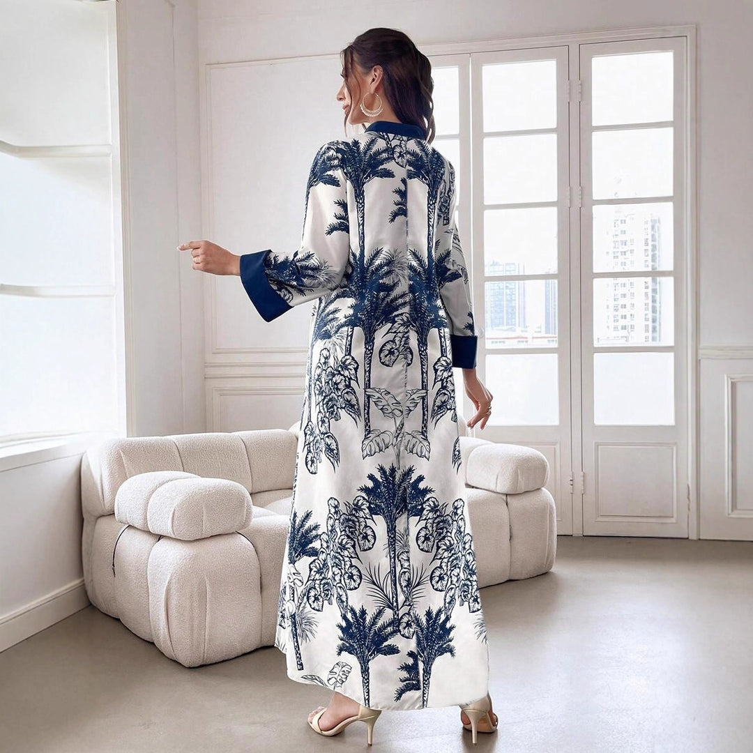 Damen Maxikleid in Satinoptik mit Palmenprint, Stehkragen und weitem 3/4-Ärmel Shop Nory