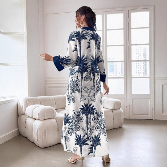 Damen Maxikleid in Satinoptik mit Palmenprint, Stehkragen und weitem 3/4-Ärmel Shop Nory