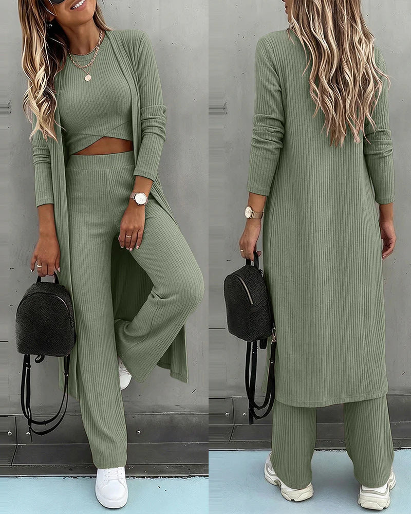Damen Dreiteiliges Rippstrick-Loungewear-Set mit Longcardigan, bauchfreiem Top und weiter Palazzohose Shop Nory
