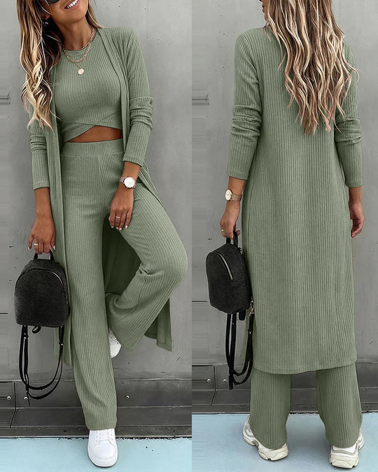 Damen Dreiteiliges Rippstrick-Loungewear-Set mit Longcardigan, bauchfreiem Top und weiter Palazzohose Shop Nory