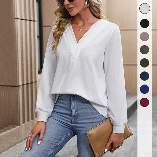 Damen Lockeres V-Ausschnitt-Blusenshirt mit Manschetten und gerundetem Saum Shop Nory