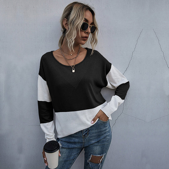 Damen Lässiger Strickpullover mit V-Ausschnitt und Farbblock Shop Nory