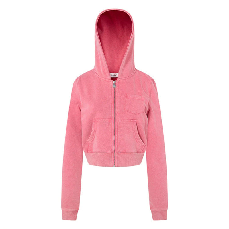 Damen Kurz geschnittene Kapuzen-Sweatjacke mit durchgehendem Reißverschluss im Boxy-Schnitt und Brusttasche Shop Nory