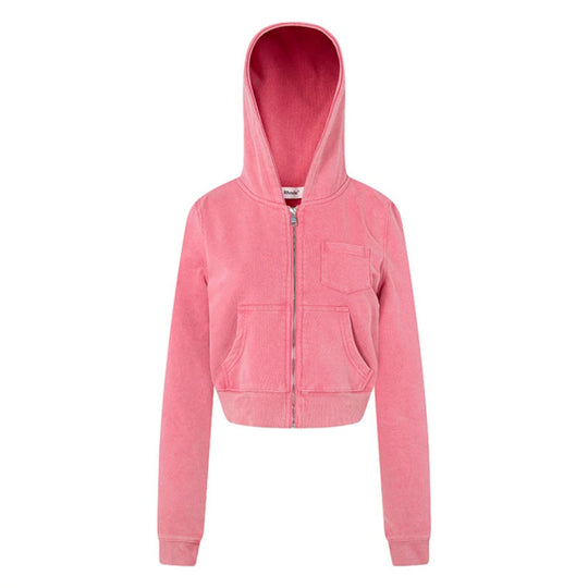 Damen Kurz geschnittene Kapuzen-Sweatjacke mit durchgehendem Reißverschluss im Boxy-Schnitt und Brusttasche Shop Nory