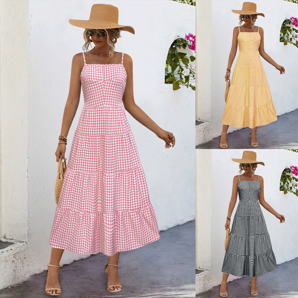 Damen Maxikleid im karierten Design mit Taillenakzent und Rüschensaum
