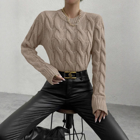 Damen Feiner Zopf‑Strickpullover mit Rundhals und gerippten Bündchen Shop Nory