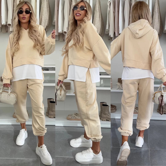 Damen Cropped-Hoodie-Lounge-Set mit asymmetrischem Saum, voluminösen Raglanärmeln und gekrempelter Jogginghose Shop Nory