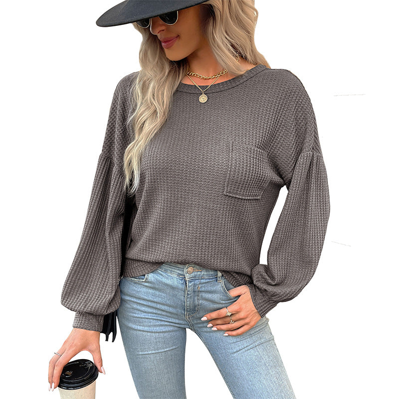 Damen Waffelstrick-Langarmshirt mit Oversize-Brusttasche und Ballonärmeln Shop Nory