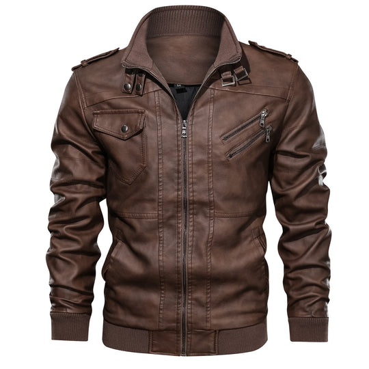 Herren Leder-Bomberjacke im Aviator-Stil mit Stehkragen und Rippbündchen Shop Nory