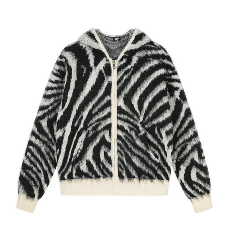 Damen Flauschige Zip-Kapuzen-Strickjacke mit Zebra-Jacquard und Kängurutasche Shop Nory