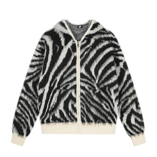 Damen Flauschige Zip-Kapuzen-Strickjacke mit Zebra-Jacquard und Kängurutasche Shop Nory