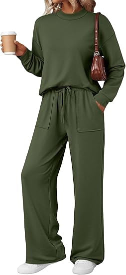 Damen Loungewear-Zweiteiler aus weichem Jersey mit Rundhalsausschnitt und weitem Kordelzug-Hose Shop Nory