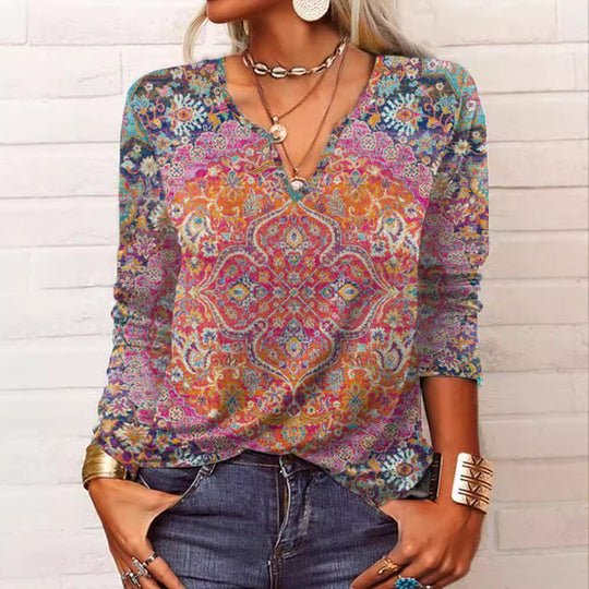 Damen Boho-Print V-Ausschnitt Tunika-Shirt Shop Nory