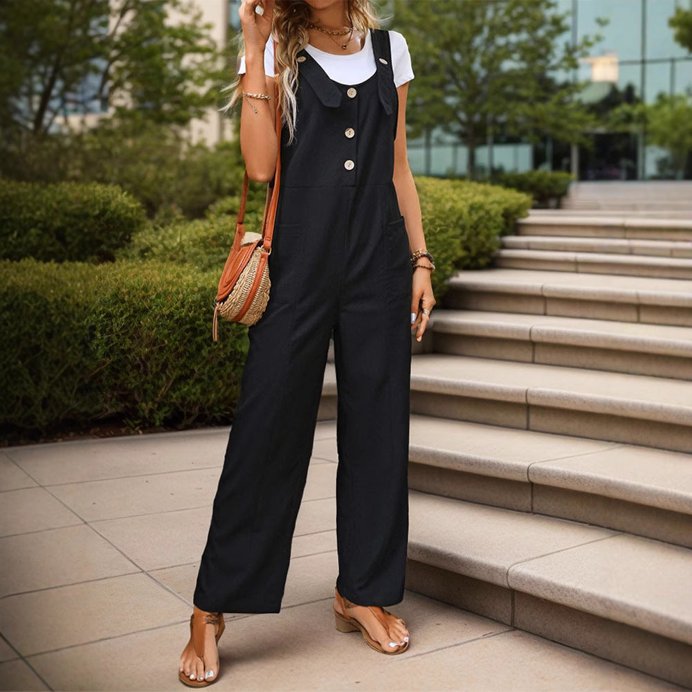 Damen Weichfallender Latz-Jumpsuit mit weitem Bein und Holzknopf‑Verschluss Shop Nory