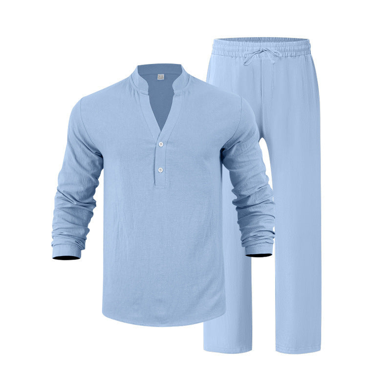Herren nan legeres Henley-Set aus leichter Leinenoptik mit Stehkragen und elastischer Tunnelzughose Shop Nory