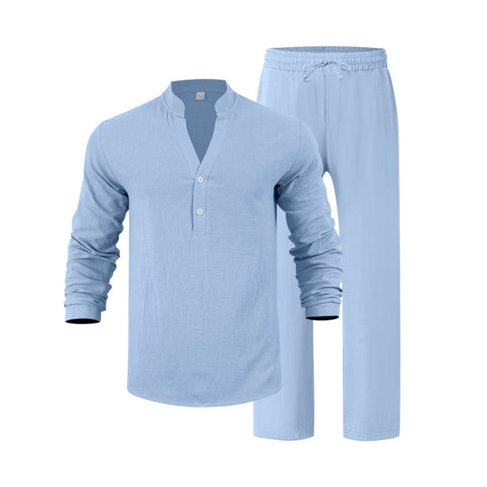 Herren nan legeres Henley-Set aus leichter Leinenoptik mit Stehkragen und elastischer Tunnelzughose Shop Nory