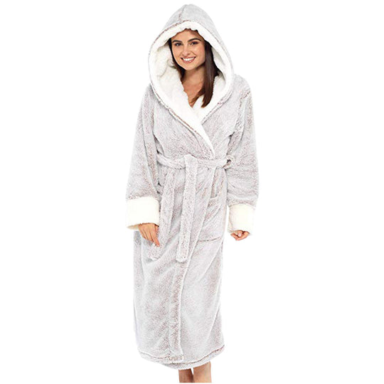 Damen Kuscheliger Fleece-Morgenmantel mit Kapuze und Gürtel ShopNory