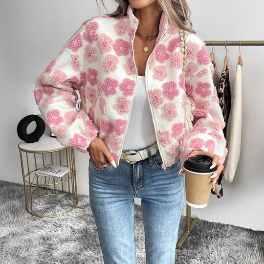 Damen Kuschelige Fleecejacke mit floralem Design