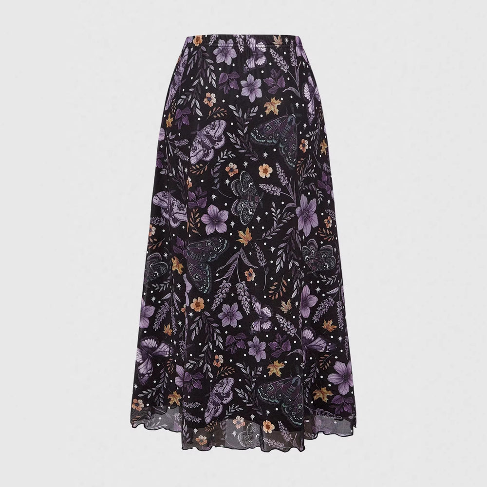 Damen Midirock aus Chiffon mit Blumen- und Schmetterlingsprint und elastischem Bund Shop Nory