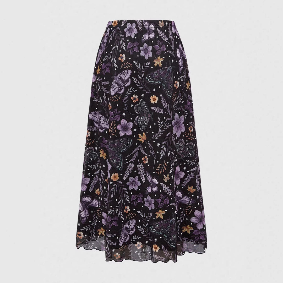 Damen Midirock aus Chiffon mit Blumen- und Schmetterlingsprint und elastischem Bund Shop Nory